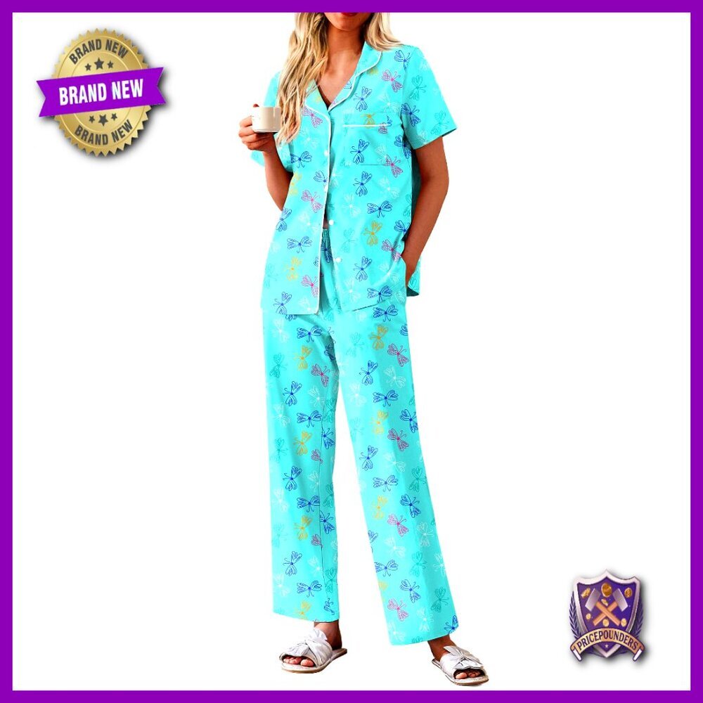 Soft Cotton Pajama Set Short Sleeve Button Down Top Long Pants Lounge